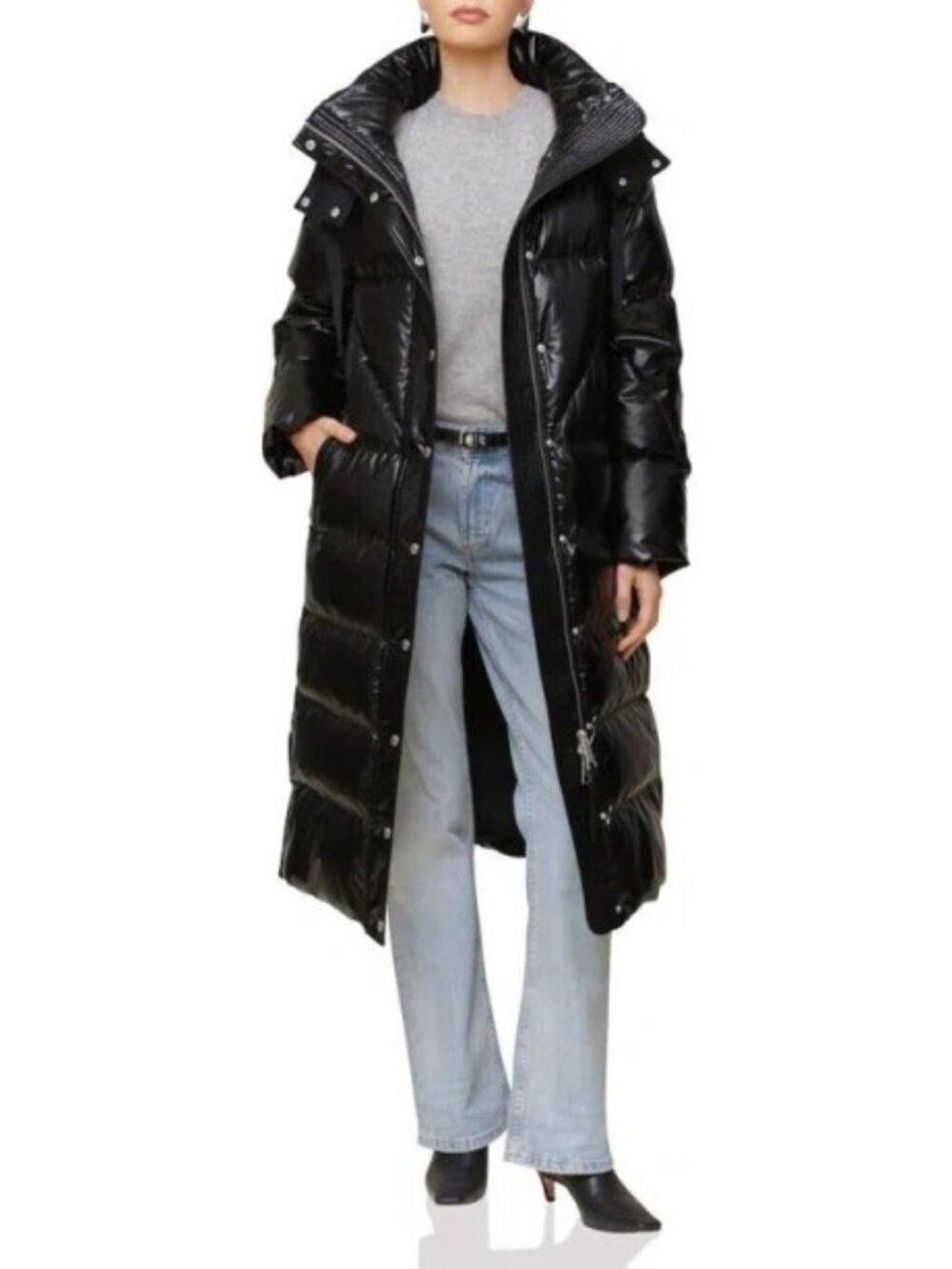 Avec Les Filles Size XXL Black Long Hooded Quilted Puffer Coat Outdoor Jacket